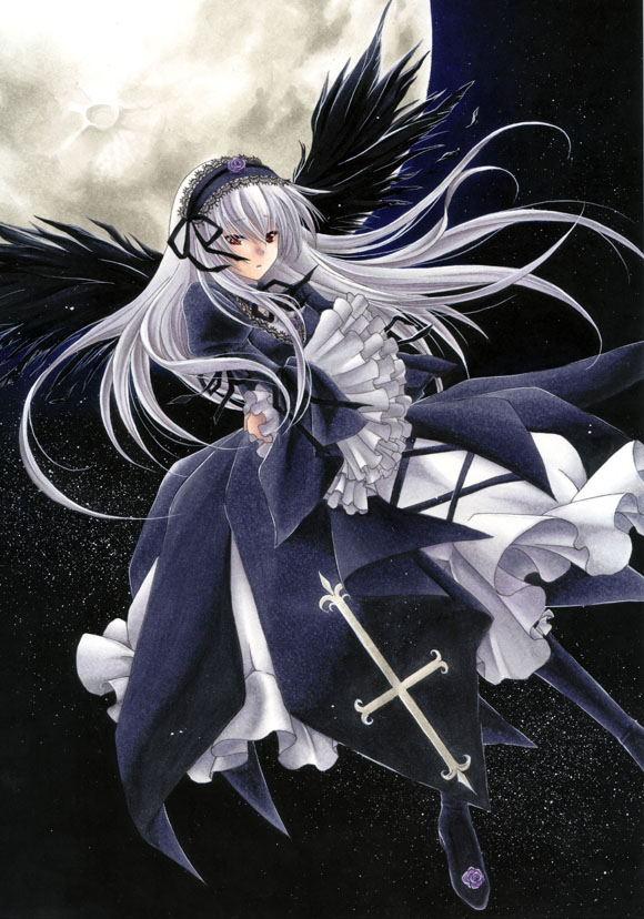 hairband long_hair moon red_eyes rozen_maiden silver_hair suigintou trimcolor wings