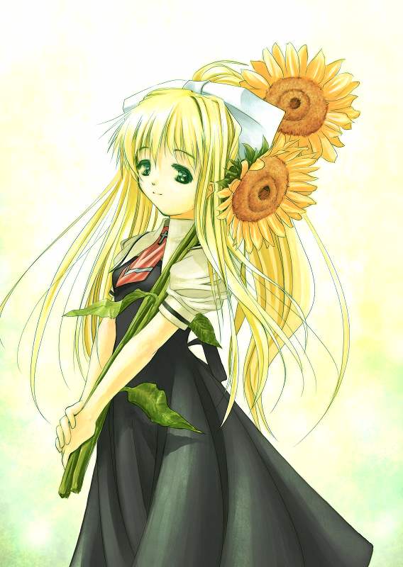 blonde_hair bow cross flower hair_bow kamio_misuzu long_hair payot ponytail sunflower tom_(artist)