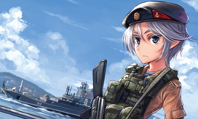 1girl anchor_symbol assault_rifle beret blue_eyes clouds dreadtie gun hat load_bearing_vest military military_uniform military_vehicle original rifle scenery ship short_hair silver_hair sky solo turret uniform warship watercraft weapon