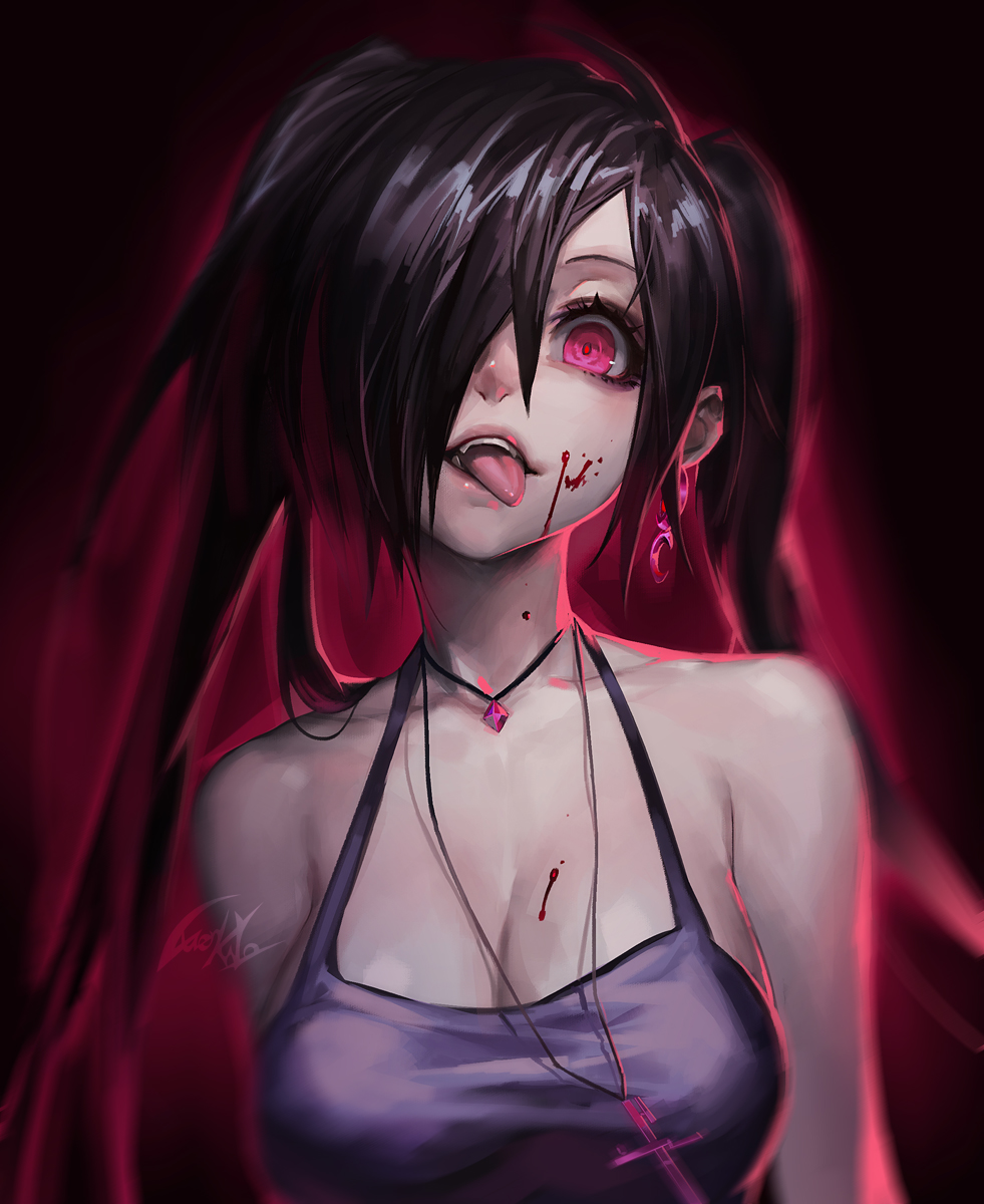 1girl bare_shoulders black_hair blood blood_on_face breasts cleavage collarbone cross cross_necklace earrings hair_over_one_eye highres jewelry large_breasts long_hair looking_at_viewer luen_kulo necklace original pink_eyes sleeveless solo teeth tongue tongue_out