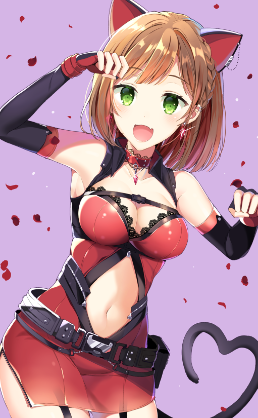 1girl animal_ears arm_at_side arm_up bangs bare_shoulders belt bent_elbow blush braid breasts brown_hair choker cleavage cowboy_shot dress dutch_angle earrings elbow_gloves fingerless_gloves garter_straps gloves green_eyes idolmaster idolmaster_cinderella_girls idolmaster_cinderella_girls_starlight_stage jewelry looking_at_viewer maekawa_miku medium_breasts navel navel_cutout open_mouth partially_unzipped petals pinb purple_background red_dress shiny short_hair side_braid smile solo standing zipper_skirt