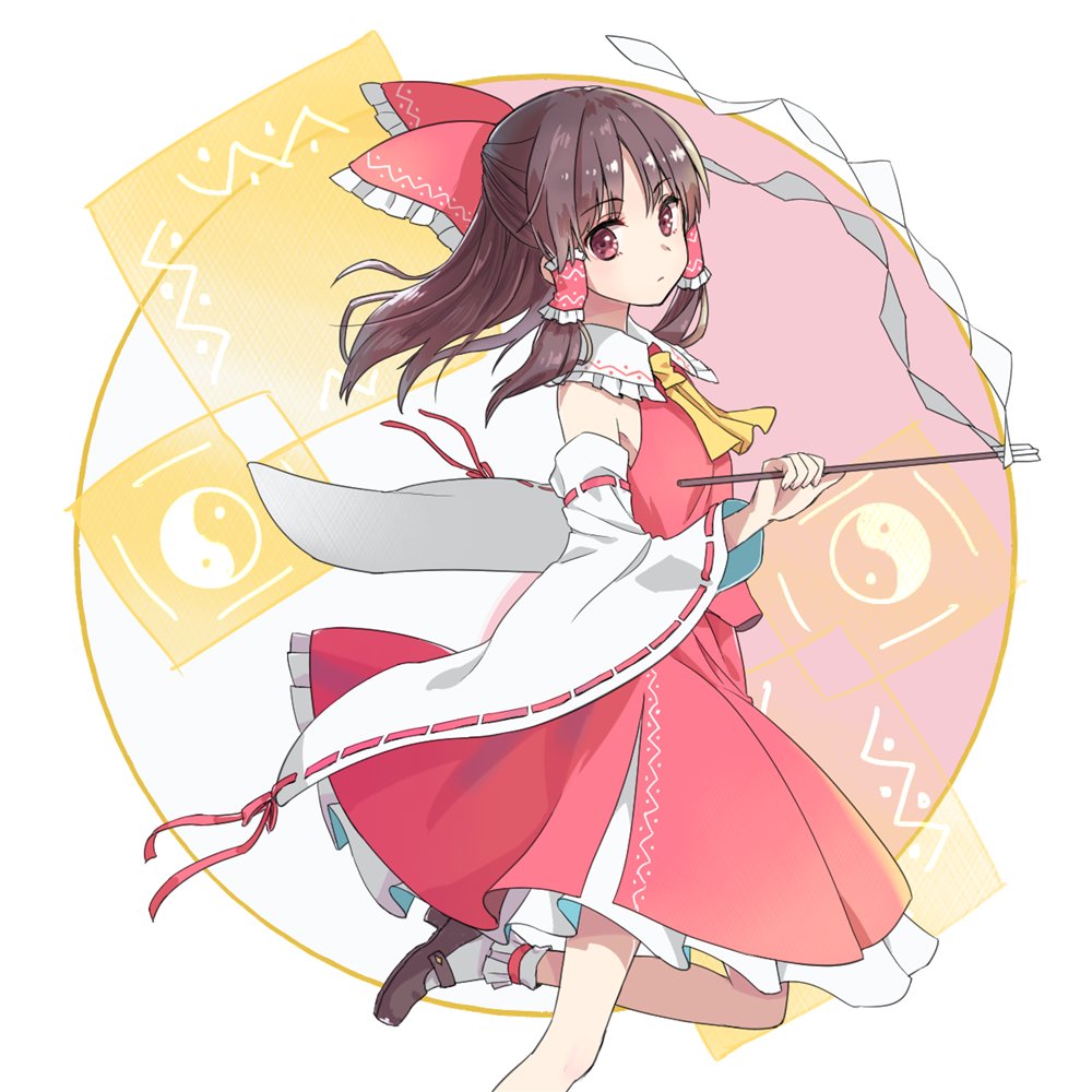 1girl akidzuki_haruhi ascot blush bobby_socks bow brown_hair detached_sleeves from_side gohei hair_bow hair_tubes hakurei_reimu long_hair looking_at_viewer looking_to_the_side mary_janes nontraditional_miko red_bow red_eyes red_shirt red_skirt ribbon-trimmed_sleeves ribbon_trim shirt shoes sidelocks skirt skirt_set sleeveless sleeveless_shirt socks solo touhou white_legwear wide_sleeves yin_yang