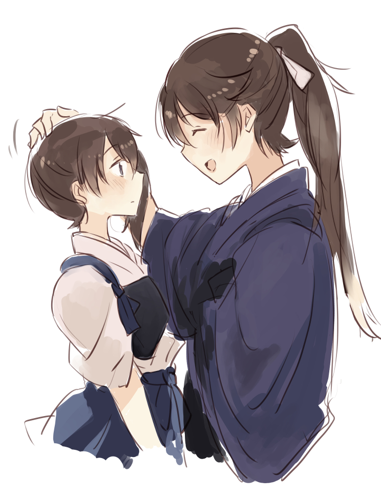 10s 2girls ^_^ alternate_costume brown_eyes brown_hair closed_eyes commentary_request from_side hakama hand_on_another's_head houshou_(kantai_collection) japanese_clothes kaga_(kantai_collection) kantai_collection long_hair multiple_girls muneate petting ponytail side_ponytail smile takamachiya tasuki