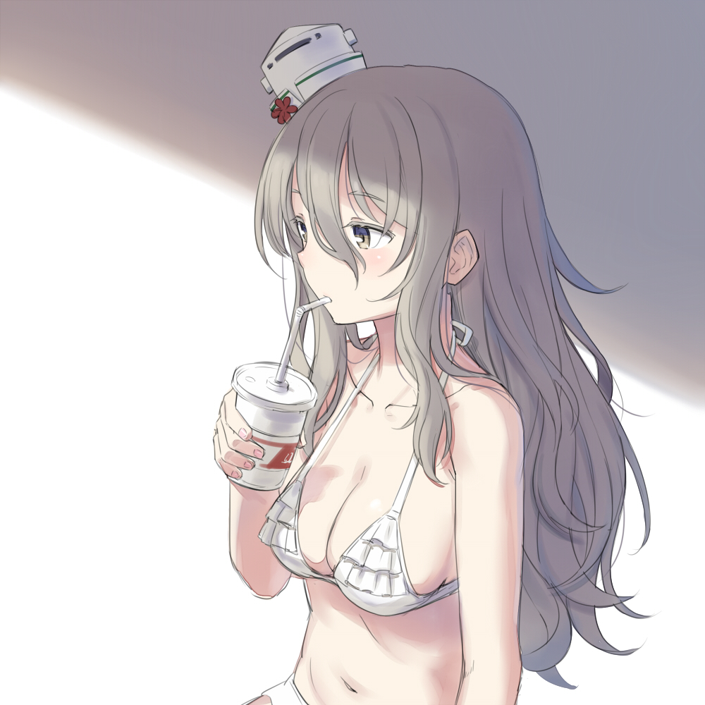 10s 1girl bikini breasts cleavage cnm collarbone colored_eyelashes drinking facing_away fingernails grey_eyes grey_hair hair_between_eyes halterneck hat kantai_collection long_hair looking_away medium_breasts mini_hat navel pola_(kantai_collection) simple_background solo swimsuit white_bikini