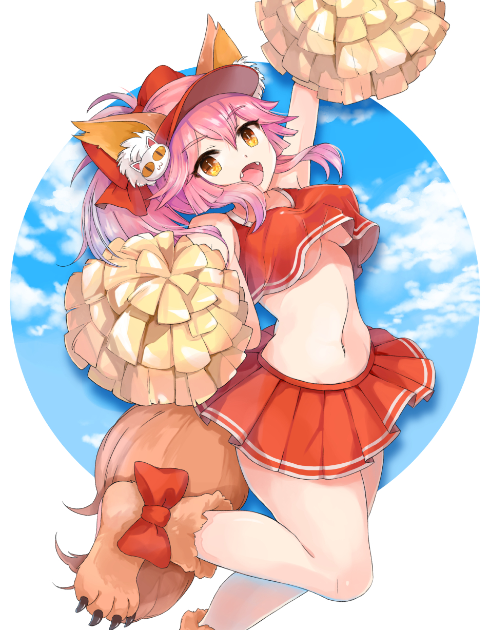 10s 1girl animal_ears arm_up armpits breasts cheerleader clothes_writing crop_top crop_top_overhang fangs fate/extra fate/grand_order fate_(series) fox_ears fox_tail hair_ribbon highres large_breasts long_hair looking_at_viewer midriff miniskirt navel open_mouth outdoors pink_hair pleated_skirt pom_poms ribbon shishima shoes skirt sleeveless smile sneakers solo tail tamamo_(fate)_(all) tamamo_cat_(fate/grand_order) under_boob yellow_eyes