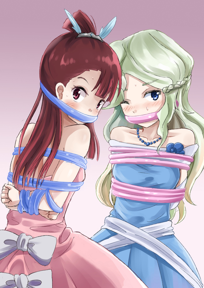 2girls arms_behind_back blue_dress blue_eyes blush bow brown_hair collarbone diana_cavendish dress eyebrows_visible_through_hair gradient gradient_background grey_bow jewelry jitan777 kagari_atsuko little_witch_academia long_hair looking_at_viewer multiple_girls necklace one_eye_closed pink_dress purple_background red_eyes restrained silver_hair sketch strapless strapless_dress sweatdrop two-tone_background very_long_hair white_background
