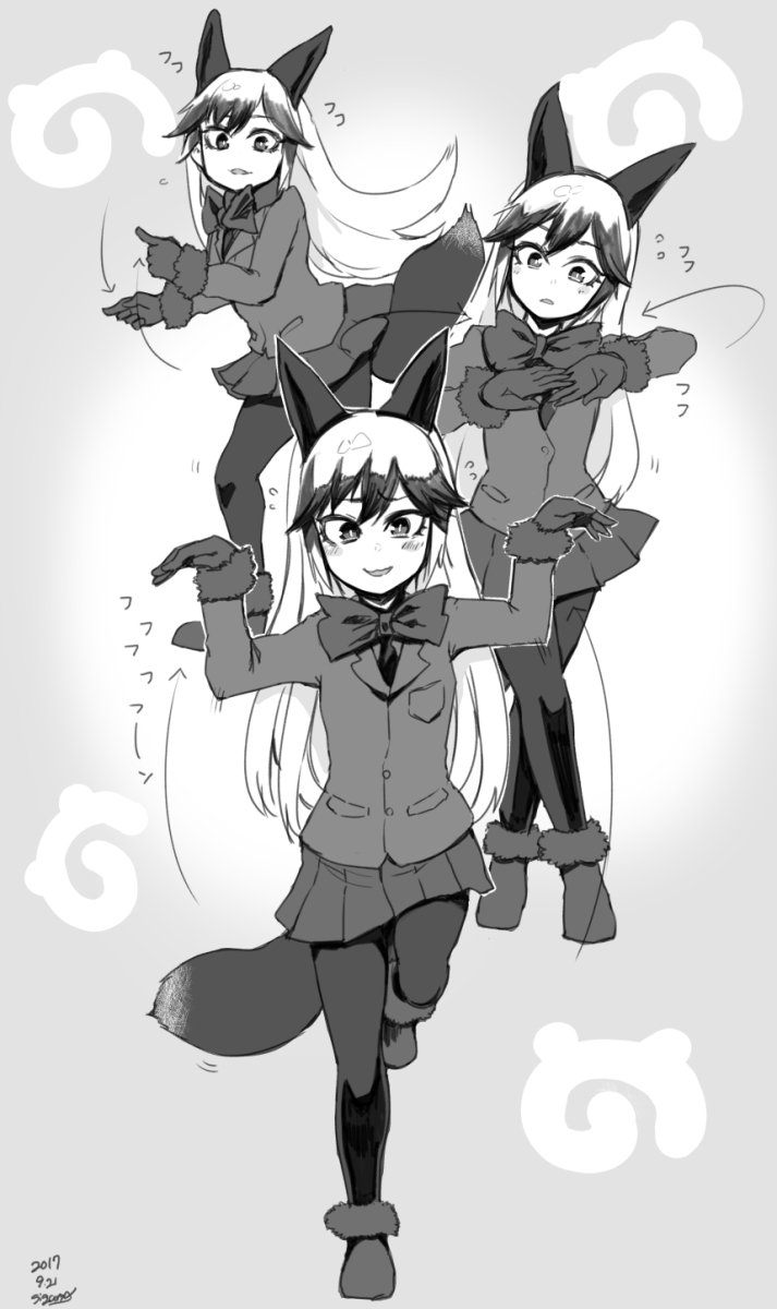 1girl animal_ears blush bow bowtie dancing directional_arrow embarrassed flying_sweatdrops fox_ears fox_tail fur_trim greyscale hair_between_eyes highres jacket japari_symbol kemono_friends long_hair monochrome multicolored_hair nissin pantyhose sequential sigama silver_fox_(kemono_friends) skirt smile standing standing_on_one_leg tail wavy_mouth
