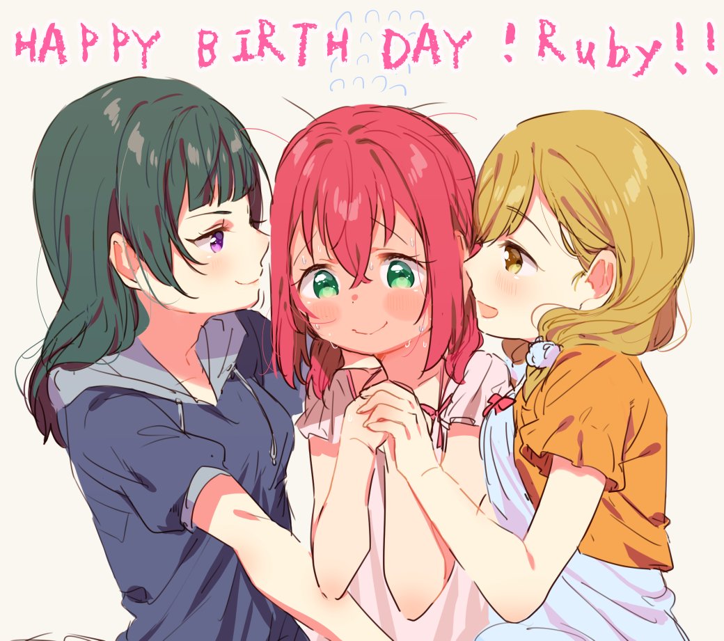 3girls bangs beige_background black_hair blush character_name crossed_bangs flying_sweatdrops frilled_sleeves frills girl_sandwich green_eyes hair_down hair_over_shoulder hand_on_another's_hand hands_together happy_birthday hood hood_down hoodie kunikida_hanamaru kurosawa_ruby light_brown_eyes light_brown_hair long_hair love_live! love_live!_sunshine!! low-tied_long_hair messy_hair mofun multiple_girls open_mouth pajamas redhead sandwiched short_sleeves simple_background sketch smile sweatdrop tsushima_yoshiko upper_body violet_eyes yuri