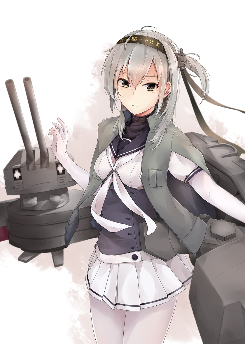 10s 1girl bangs blue_eyes bodysuit chou-10cm-hou-chan closed_mouth clothes_writing cowboy_shot eyebrows_visible_through_hair gloves grey_hair hachimaki hair_between_eyes hair_ornament hand_up headband jacket_on_shoulders jenson_tw kantai_collection long_hair looking_at_viewer miniskirt one_side_up pantyhose pleated_skirt revision rigging sailor_collar school_uniform serafuku short_sleeves sidelocks silver_hair skirt solo suzutsuki_(kantai_collection) tsurime white_gloves white_legwear white_skirt