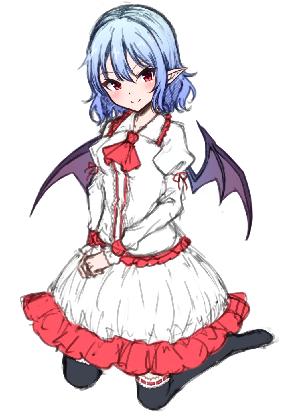 1girl ascot bat_wings black_legwear blue_hair blush closed_mouth frilled_shirt_collar frills full_body highres juliet_sleeves junior27016 kneehighs kneeling long_sleeves looking_at_viewer pointy_ears puffy_sleeves red_eyes remilia_scarlet shirt short_hair skirt smile solo touhou unfinished v_arms white_shirt white_skirt wings