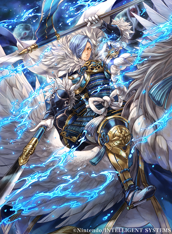 1boy anankos armor blue_hair boots cape company_name feathered_wings feathers fire_emblem fire_emblem_cipher fire_emblem_if gloves hagiya_kaoru hair_over_one_eye horseback_riding japanese_armor male_focus official_art pegasus pegasus_knight polearm riding shigure_(fire_emblem_if) solo spear water weapon wings yellow_eyes