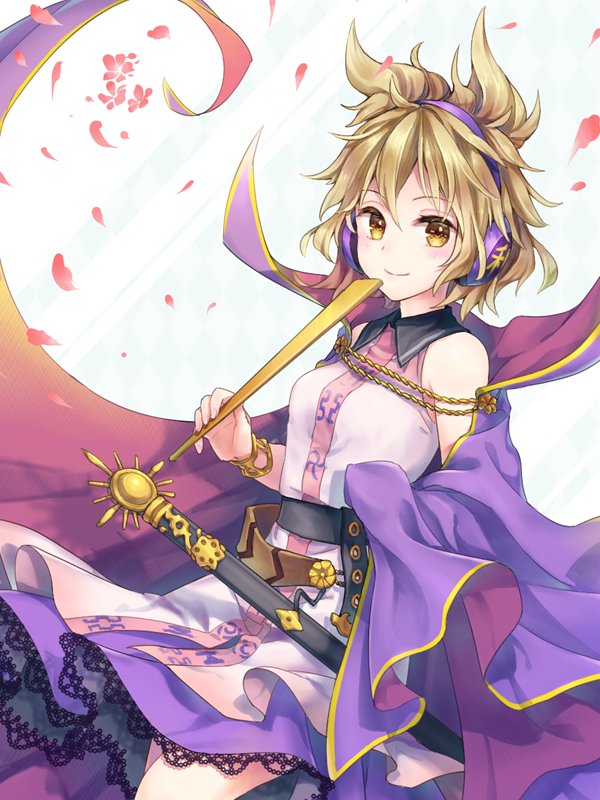 1girl akidzuki_haruhi bare_shoulders blush bracelet breasts brown_hair cape closed_mouth cowboy_shot earmuffs jewelry looking_at_viewer pointy_hair purple_skirt ritual_baton shirt short_hair skirt sleeveless sleeveless_shirt small_breasts smile solo touhou toyosatomimi_no_miko yellow_eyes