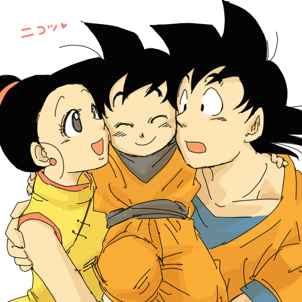 1girl 2boys black_eyes black_hair chi-chi_(dragon_ball) chinese_clothes closed_eyes dougi dragon_ball dragonball_z earrings family father_and_son happy heart hug jewelry looking_at_another miiko_(drops7) mother_and_son multiple_boys open_mouth short_hair simple_background smile son_gokuu son_goten spiky_hair tied_hair translation_request white_background