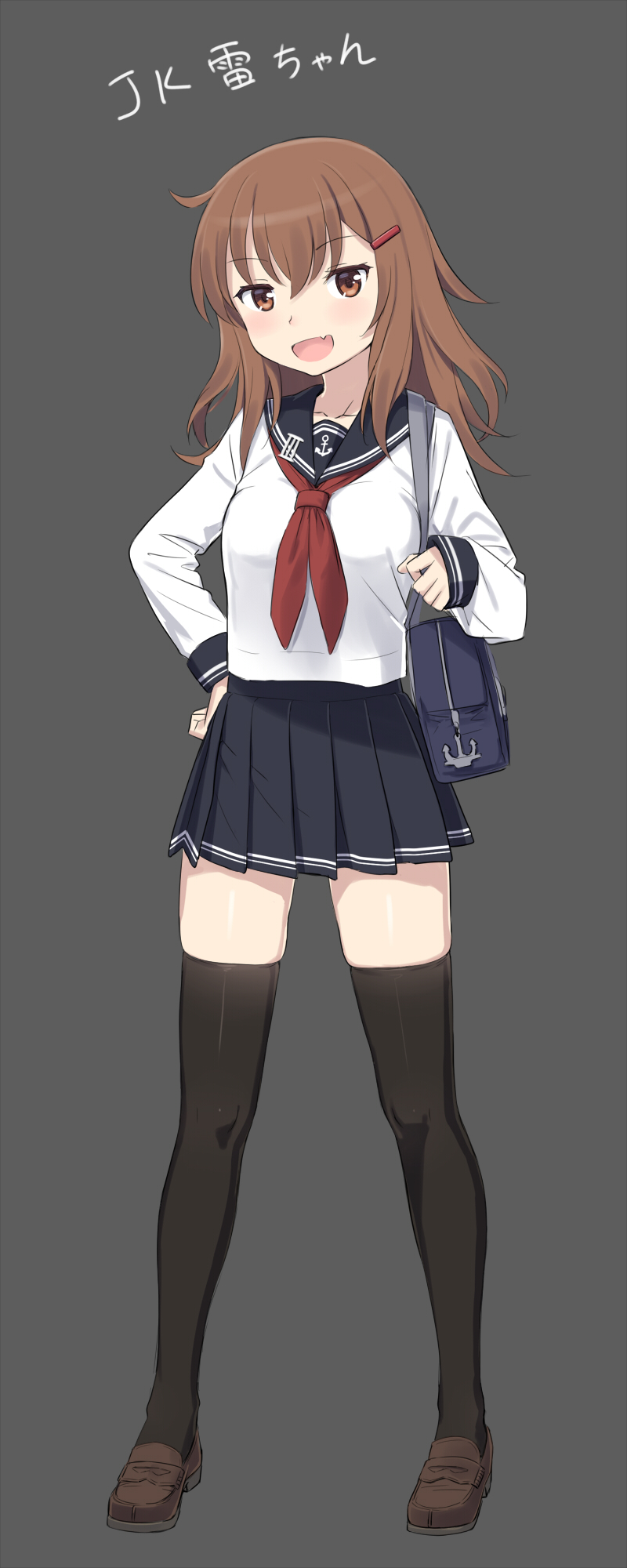 10s 1girl :d black_legwear black_sailor_collar black_skirt brown_eyes brown_footwear brown_hair cnm fang grey_background highres ikazuchi_(kantai_collection) kantai_collection long_hair long_sleeves neckerchief open_mouth plaid red_neckerchief sailor_collar school_uniform serafuku shoes simple_background skirt smile solo thigh-highs