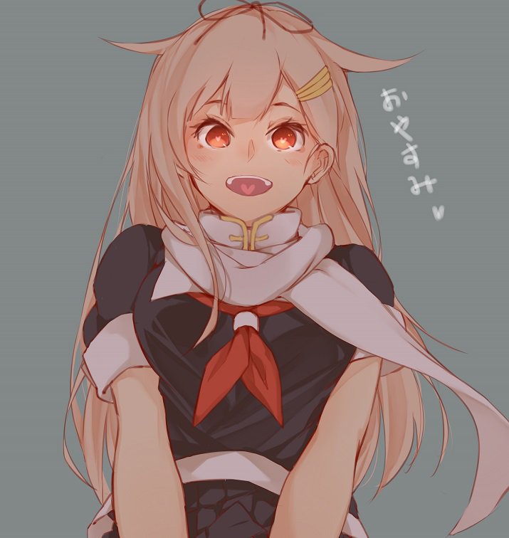 10s 1girl :d blonde_hair blush commentary_request grey_background hair_flaps hair_ribbon hana_mori heart heart-shaped_pupils heart_in_mouth jpeg_artifacts kantai_collection long_hair neckerchief open_mouth red_neckerchief remodel_(kantai_collection) ribbon scarf short_sleeves smile solo symbol-shaped_pupils white_scarf yuudachi_(kantai_collection)