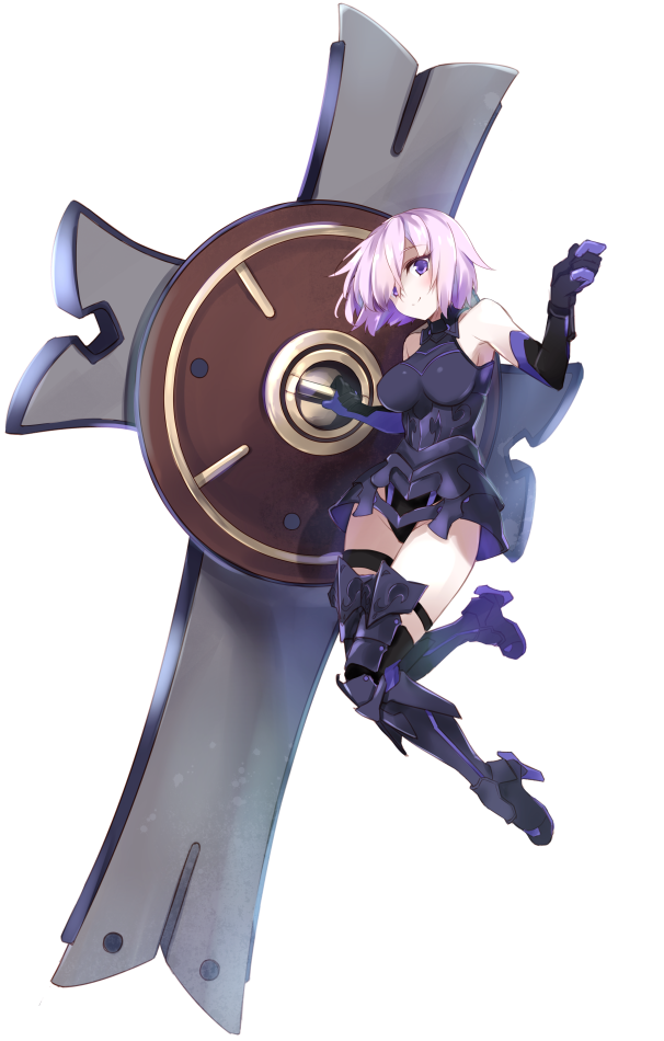 1girl armor armored_dress bangs black_gloves black_legwear black_leotard blush breasts closed_mouth elbow_gloves eyebrows_visible_through_hair fate/grand_order fate_(series) full_body gloves greaves hair_over_one_eye hands_up hayakawa_harui highleg highleg_leotard holding_shield leotard looking_at_viewer medium_breasts purple_gloves purple_hair shield shielder_(fate/grand_order) short_hair simple_background smile solo thigh-highs thigh_strap thighs violet_eyes white_background