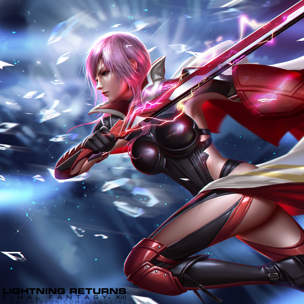 1girl armor bent_knee boots breastplate cape crystal final_fantasy final_fantasy_xiii gloves glowing glowing_weapon knee_pads liang_xing lightning_farron lightning_returns:_final_fantasy_xiii looking_to_the_side pink_hair popped_collar running shards shield solo sweat sword thigh-highs thigh_boots weapon