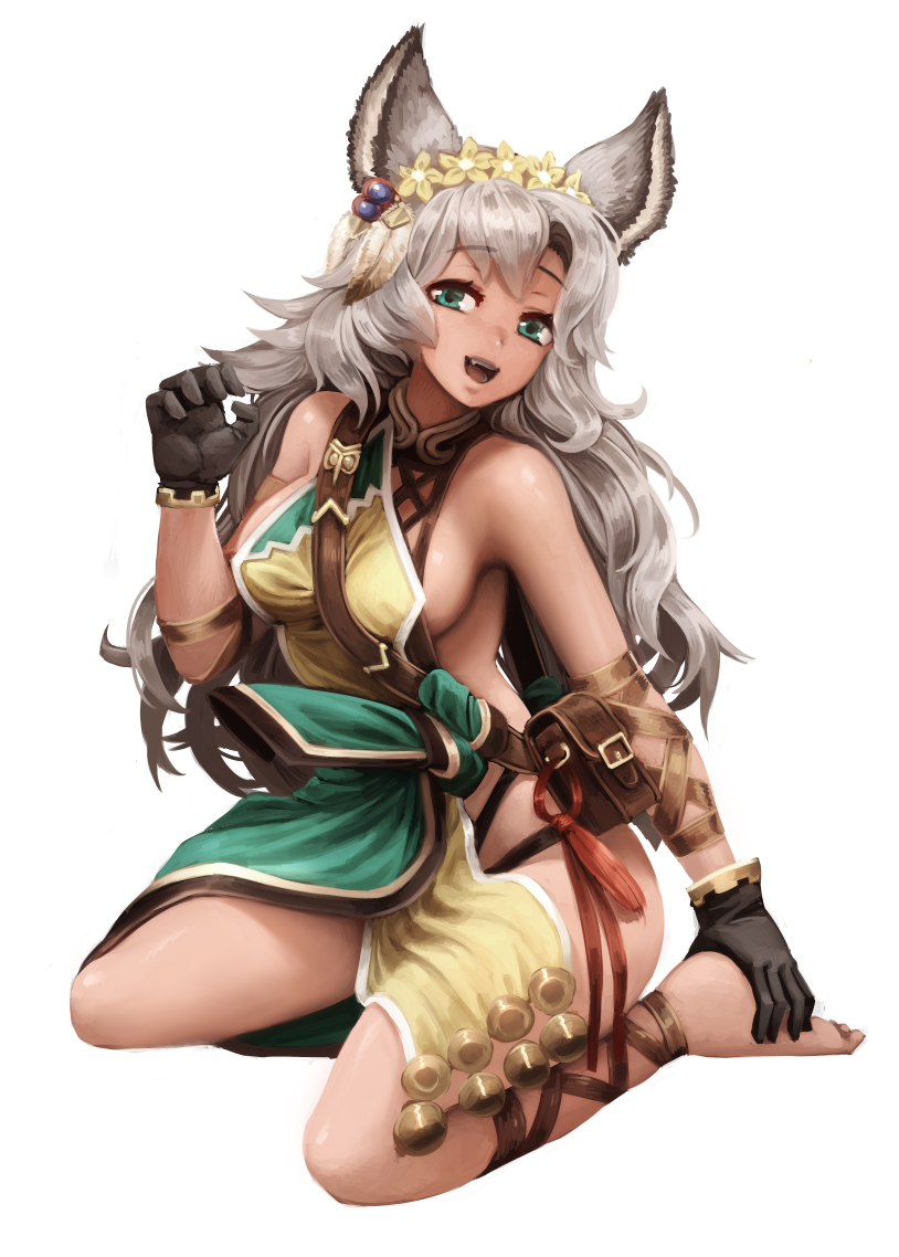 1girl :d animal_ears barbariank bare_shoulders barefoot between_breasts black_gloves breasts claw_pose commentary dark_skin erun_(granblue_fantasy) eyebrows_visible_through_hair fang feathers flower full_body gloves granblue_fantasy green_eyes grey_hair hair_feathers hair_flower hair_ornament long_hair looking_at_viewer medium_breasts nemone open_mouth pouch sideboob sitting smile solo strap_cleavage teeth transparent_background wavy_hair