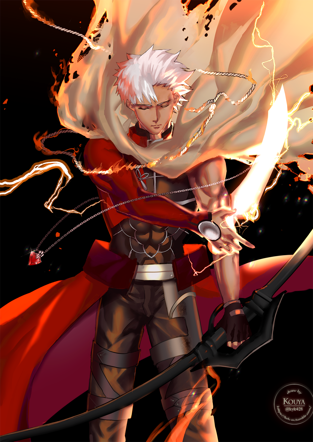 1boy archer archer_(cosplay) artist_name artist_self-reference black_background bow_(weapon) chains closed_eyes cosplay dark_skin dark_skinned_male emiya_kiritsugu fate/grand_order fate_(series) fire garters gem highres holding holding_bow_(weapon) holding_weapon jewelry kouya_(kyk428) lightning rope simple_background solo sword tagme twitter_username weapon white_hair