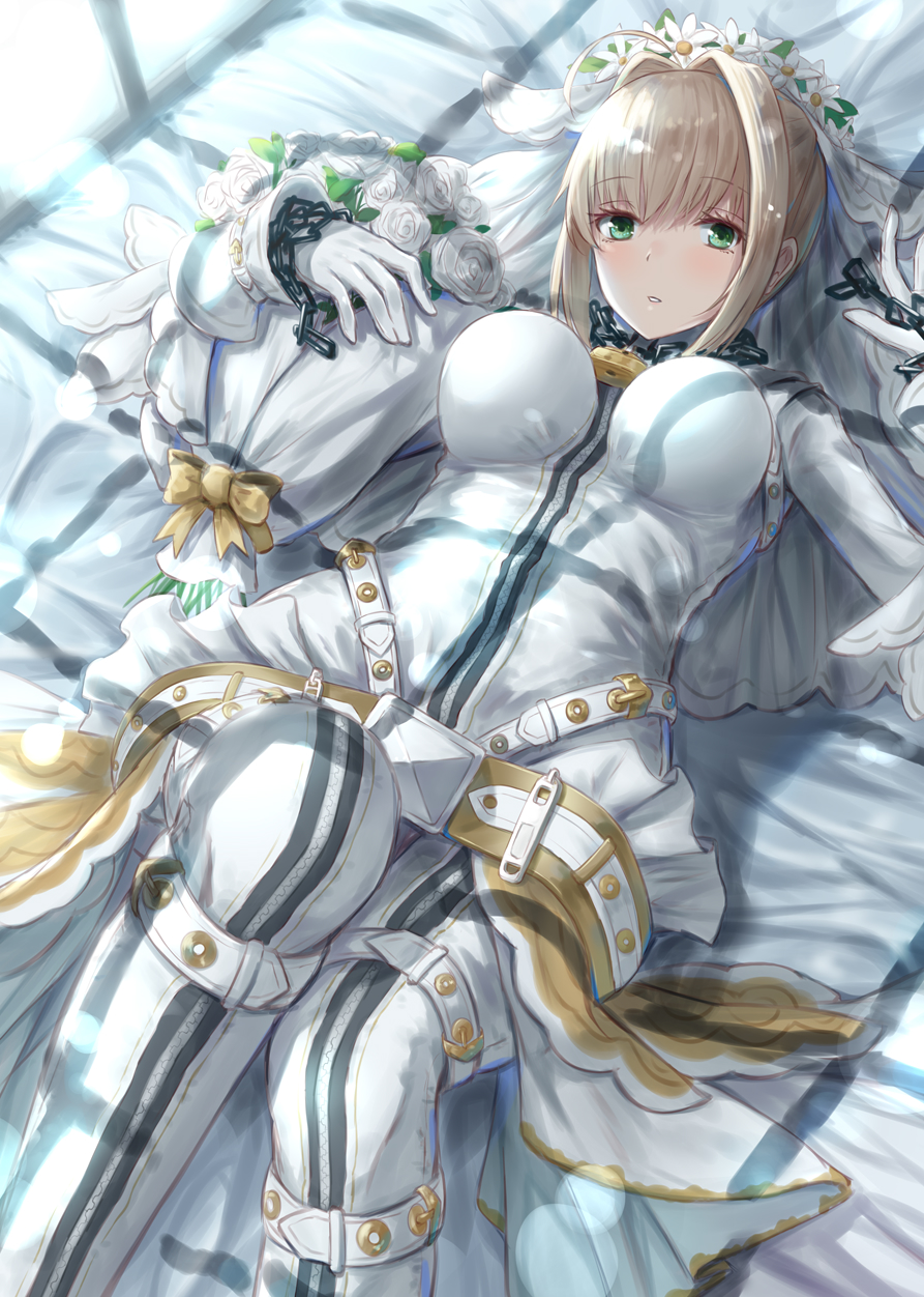 10s 1girl ahoge bangs blonde_hair blush bodysuit breasts bridal_veil fate/extra fate/extra_ccc fate_(series) gloves gohei_(aoi_yuugure) green_eyes hair_intakes half-closed_eyes hand_up highres indoors knee_up large_breasts looking_at_viewer lying on_back parted_lips saber_bride saber_extra showgirl_skirt sidelocks solo tsurime veil white_flower white_gloves window_shade zipper