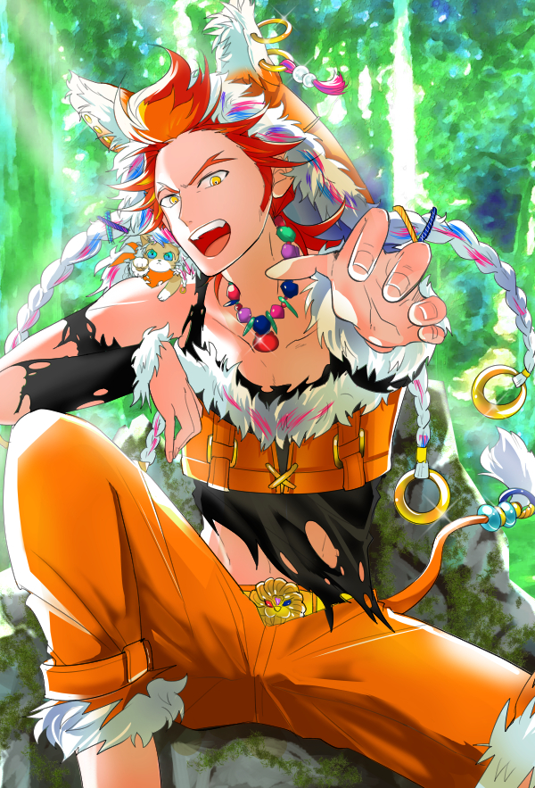 1boy akai_suzaku animal blue_eyes cat collarbone idolmaster idolmaster_side-m jewelry male_focus multicolored_hair necklace nyako_(idolmaster) open_mouth outdoors outstretched_hand redhead sitting torn_clothes two-tone_hair yellow_eyes