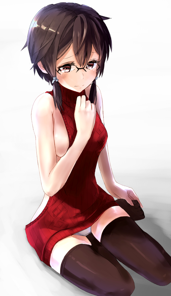 1girl asada_shino black-framed_eyewear black_hair black_legwear breasts brown_eyes embarrassed eyebrows_visible_through_hair grey_ribbon hair_between_eyes hair_ribbon looking_at_viewer medium_breasts meme_attire panties pantyshot pantyshot_(sitting) red_sweater ribbon shiny shiny_clothes shiny_skin short_hair_with_long_locks sideboob simple_background sitting solo sweater_vest sword_art_online thigh-highs underwear virgin_killer_sweater white_background white_panties yagni