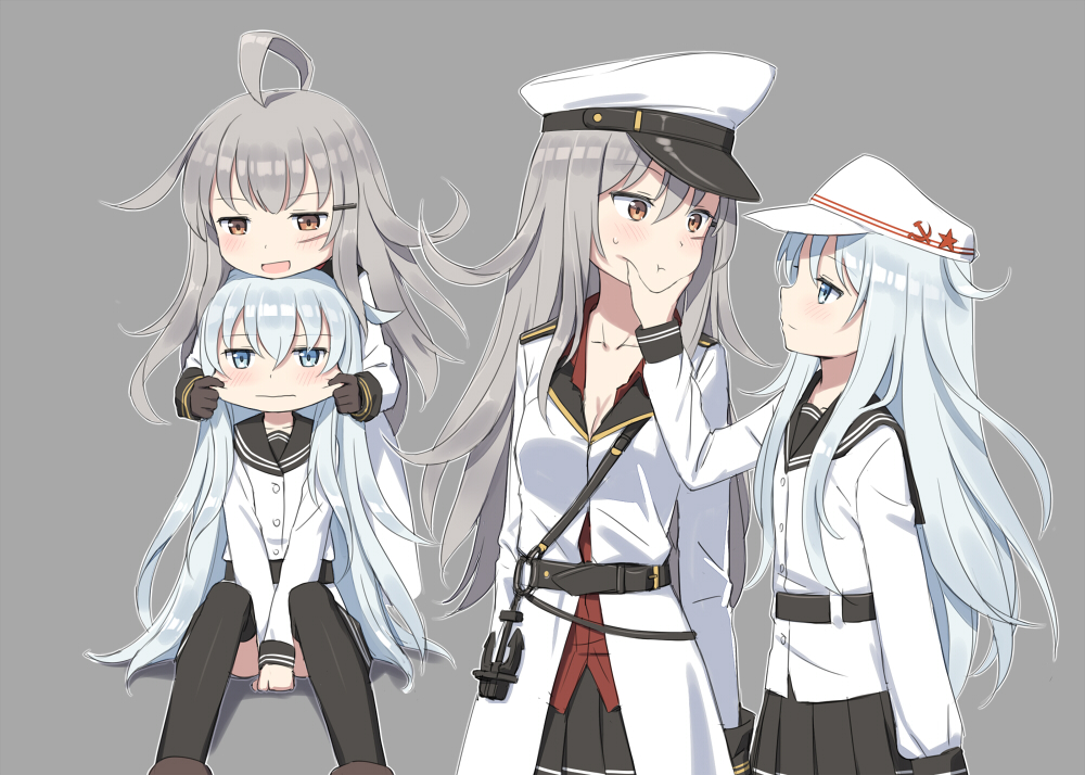 10s 2girls :d black_legwear black_sailor_collar black_skirt blue_eyes cnm gangut_(kantai_collection) grey_background grey_hair hammer_and_sickle hat hibiki_(kantai_collection) jacket kantai_collection long_hair long_sleeves multiple_girls multiple_views open_mouth orange_eyes pantyhose peaked_cap pleated_skirt red_shirt sailor_collar scar school_uniform serafuku shirt silver_hair sitting skirt smile verniy_(kantai_collection) white_hat white_jacket