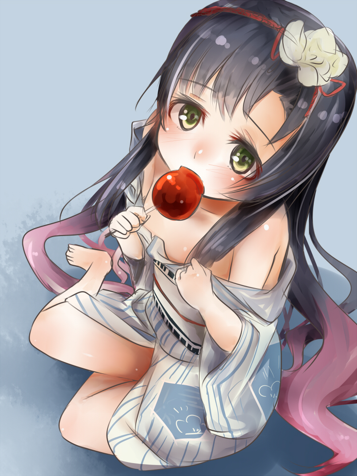 10s 1girl akino_shuu alternate_costume bare_shoulders barefoot black_hair flower from_above green_eyes hair_flower hair_ornament hair_ribbon holding_candy japanese_clothes kantai_collection kimono licking long_hair looking_at_viewer matsuwa_(kantai_collection) ribbon solo yukata