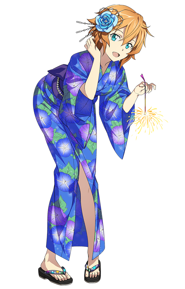 1girl aqua_eyes fireworks flower full_body hair_flower hair_ornament holding japanese_clothes kimono leaning_forward long_sleeves looking_at_viewer official_art open_mouth orange_hair philia_(sao) sandals short_hair solo sword_art_online transparent_background