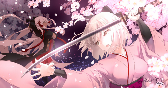 2girls arm_up black_bow black_legwear bow dark_skin dress fate/grand_order fate_(series) floating_hair hair_bow holding holding_sword holding_weapon japanese_clothes katana kimono long_hair multiple_girls nichiru obi pink_flower pink_kimono pleated_dress red_dress red_ribbon ribbon sakura_saber sash short_dress short_hair signature silver_hair sword thigh-highs tree very_long_hair weapon yellow_eyes