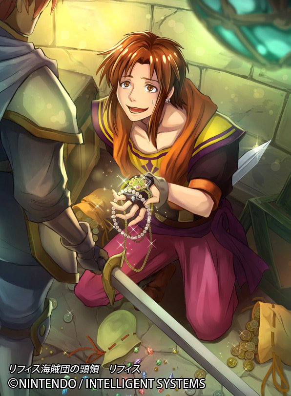 1boy brown_eyes brown_hair coin company_name earrings faceless faceless_male fingerless_gloves fire_emblem fire_emblem:_thracia_776 fire_emblem_cipher gem gloves jewelry lifis male_focus money necklace nekobayashi official_art open_mouth redhead seiza sitting solo sparkle sword teeth weapon