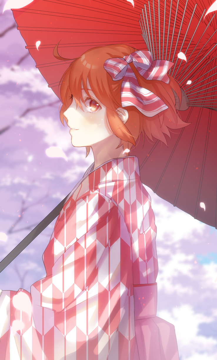 1girl bow day fate/grand_order fate_(series) from_side fujimaru_ritsuka_(female) hair_between_eyes hair_bow highres holding holding_umbrella japanese_clothes kimono looking_at_viewer orange_eyes orange_hair oriental_umbrella outdoors petals red_umbrella short_hair smile solo standing striped striped_bow toa_(user_enm6130) umbrella yukata