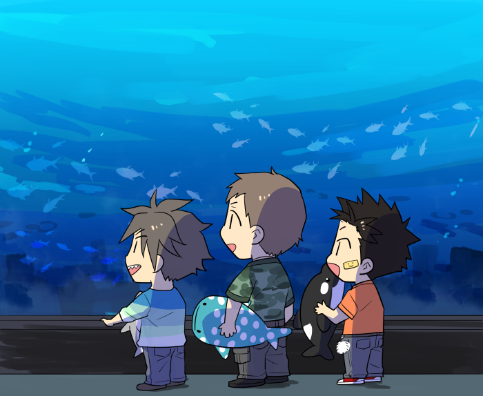 3boys akuno_hideo aquarium bandaid bandaid_on_face brown_hair camouflage chibi fish frame_(idolmaster) holding idolmaster idolmaster_side-m kimura_ryuu koutake_hiroyoshi looking_up male_focus multiple_boys sharp_teeth shingen_seiji shoes short_hair sneakers stuffed_animal stuffed_orca stuffed_shark stuffed_toy teeth toy