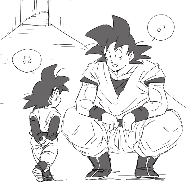 2boys arms_behind_back back_turned black_eyes black_hair boots dougi dragon_ball dragonball_z father_and_son greyscale happy kneeling looking_at_another male_focus miiko_(drops7) monochrome multiple_boys musical_note open_mouth short_hair simple_background smile son_gokuu son_goten speech_bubble spiky_hair white_background wristband