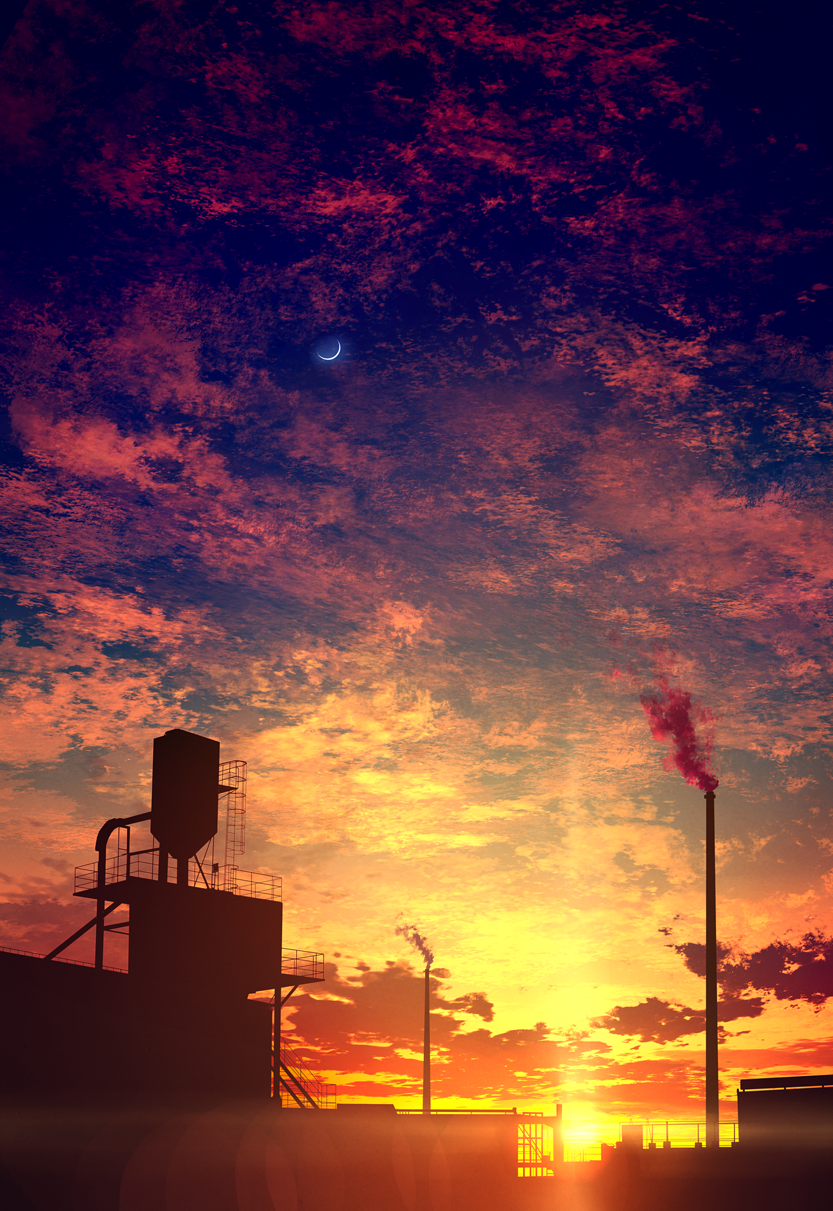 blue_sky building clouds cloudy_sky commentary crescent_moon factory gradient_sky highres mks moon no_humans orange_sky original red_sky scenery silhouette sky smoke sun sunlight sunset