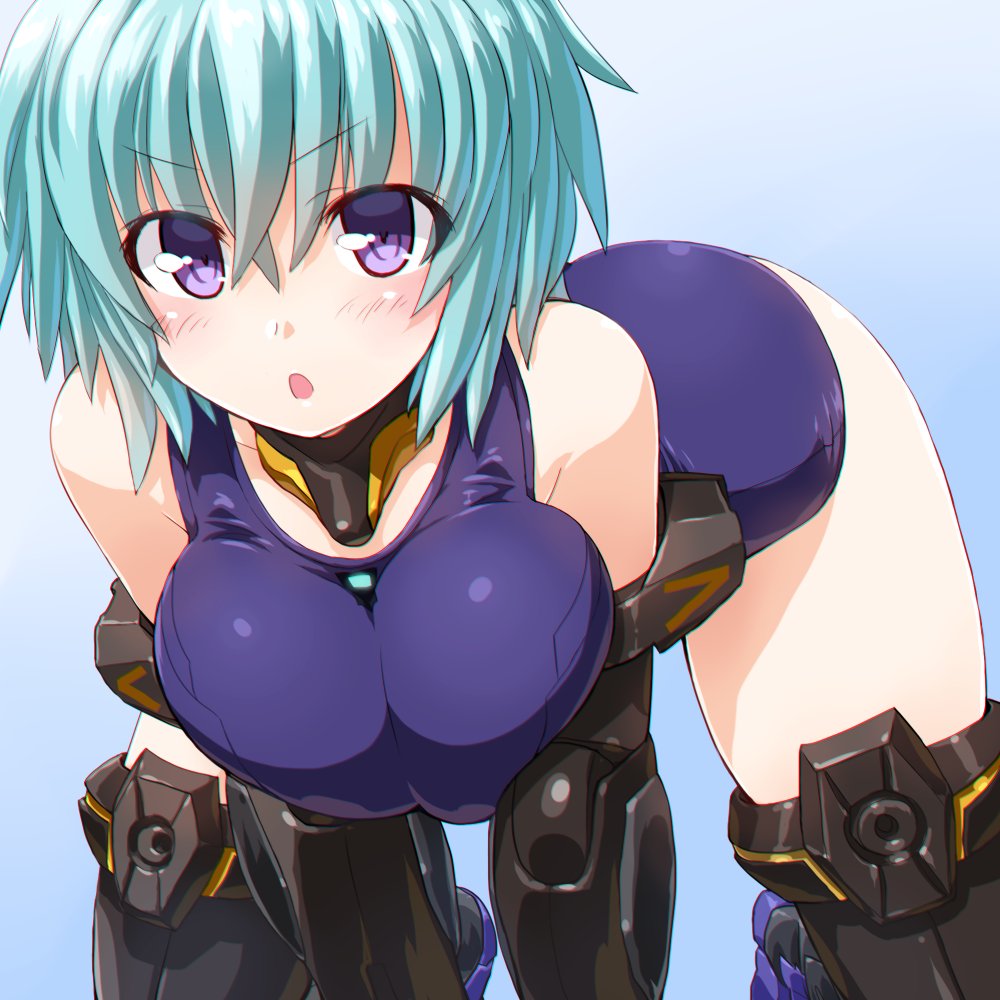 1girl black_gloves black_legwear blue_hair breasts covered_navel dd_(ijigendd) elbow_gloves eyebrows_visible_through_hair frame_arms_girl gloves hresvelgr large_breasts leaning_forward looking_at_viewer mecha_musume one-piece_swimsuit open_mouth school_swimsuit short_hair solo swimsuit thigh-highs violet_eyes
