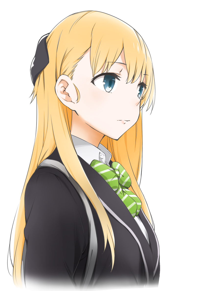 1girl blonde_hair blue_eyes bow bowtie expressionless gamers! hair_bow long_hair profile school_uniform solo tendou_karen upper_body white_background wing_(aiastor)