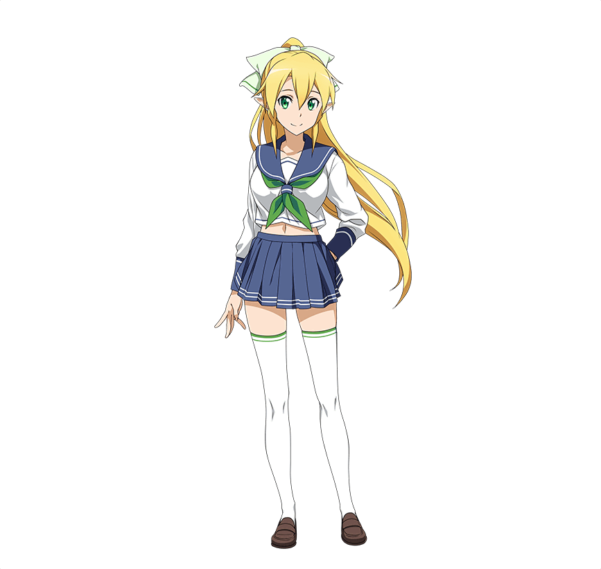 1girl blonde_hair full_body green_eyes hand_on_hip high_ponytail leafa loafers long_hair long_sleeves looking_at_viewer midriff neckerchief official_art pleated_skirt pointy_ears school_uniform serafuku shoes skirt smile solo sword_art_online sword_art_online:_code_register thigh-highs transparent_background white_legwear