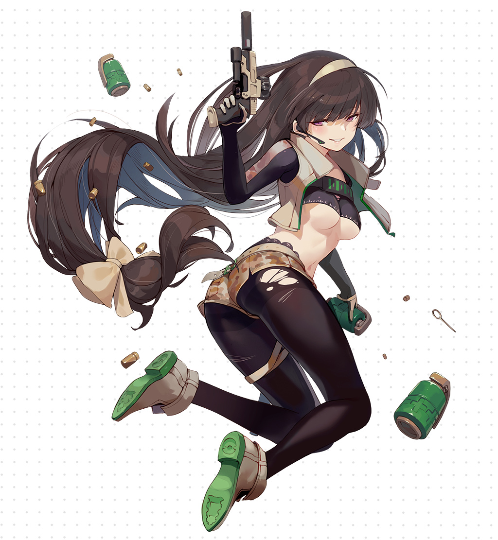 1girl ass black_legwear boots bow breasts brown_gloves brown_hair copyright_request crop_top cropped_jacket explosive eyebrows_visible_through_hair full_body gloves grenade grenade_pin grin gun hair_bow hairband half_gloves handgun headset jumping legs_up long_hair looking_back low-tied_long_hair medium_breasts mole mole_under_eye navel nin_lion pantyhose parted_lips shell_casing short_shorts shorts simple_background smile solo thigh_strap thighband_pantyhose torn_clothes torn_pantyhose trigger_discipline twisted_torso under_boob very_long_hair violet_eyes weapon