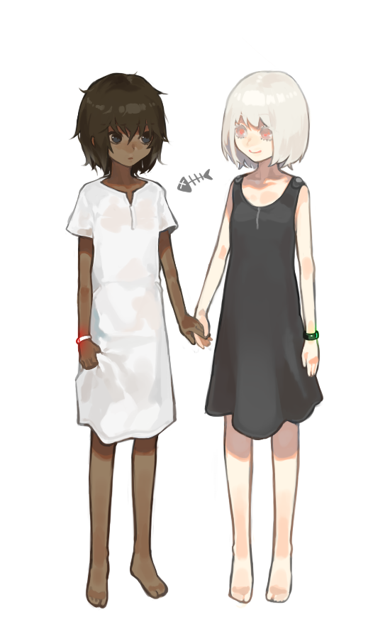 2girls :o albino barefoot black_dress black_eyes black_hair bracelet dark_skin dress fish_scales full_body hand_holding jewelry looking_at_another multiple_girls original pale_skin parted_lips red_eyes short_hair short_sleeves simple_background skirt_hold sleeveless smile standing white_background white_dress white_hair wntame