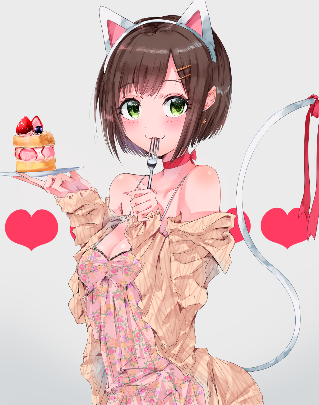 1girl :3 animal_ears arched_back bare_shoulders bent_elbow blush bob_cut breasts brown_hair cake cat_tail cleavage collarbone earrings eyebrows_visible_through_hair fingernails food fork green_eyes grey_background hair_ornament hairband hairclip highres holding idolmaster idolmaster_cinderella_girls jewelry looking_at_viewer maekawa_miku medium_breasts najuco_(naju0517) neck_ribbon off_shoulder plate red_ribbon ribbon shiny shiny_skin short_hair solo spaghetti_strap standing strawberry_shortcake tail tail_ribbon upper_body