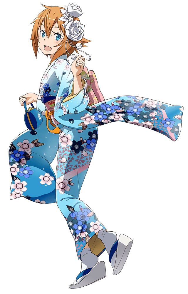 1girl bag blue_eyes floral_print full_body furisode handbag holding japanese_clothes kimono long_sleeves looking_at_viewer obi official_art open_mouth orange_hair philia_(sao) sandals sash short_hair simple_background solo sword_art_online tabi white_background wide_sleeves