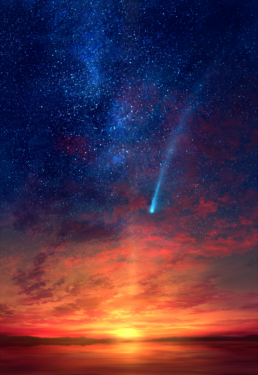 blue_sky clouds cloudy_sky commentary_request gradient_sky highres horizon lake mks night night_sky no_humans original outdoors red_sky reflection scenery shooting_star sky star_(sky) starry_sky sunset water_surface