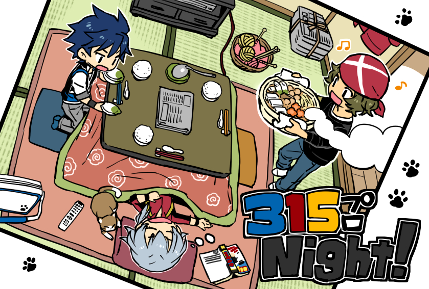 3boys :d blue_hair bowl cat chopsticks enjouji_michiru from_above green_hair hotpot idolmaster idolmaster_side-m kizaki_ren knitting_needle kotatsu male_focus manga_(object) multiple_boys needle open_mouth pan_chira ponytail rice silver_hair sleeping smile steam table taiga_takeru tatami the_kogado yarn