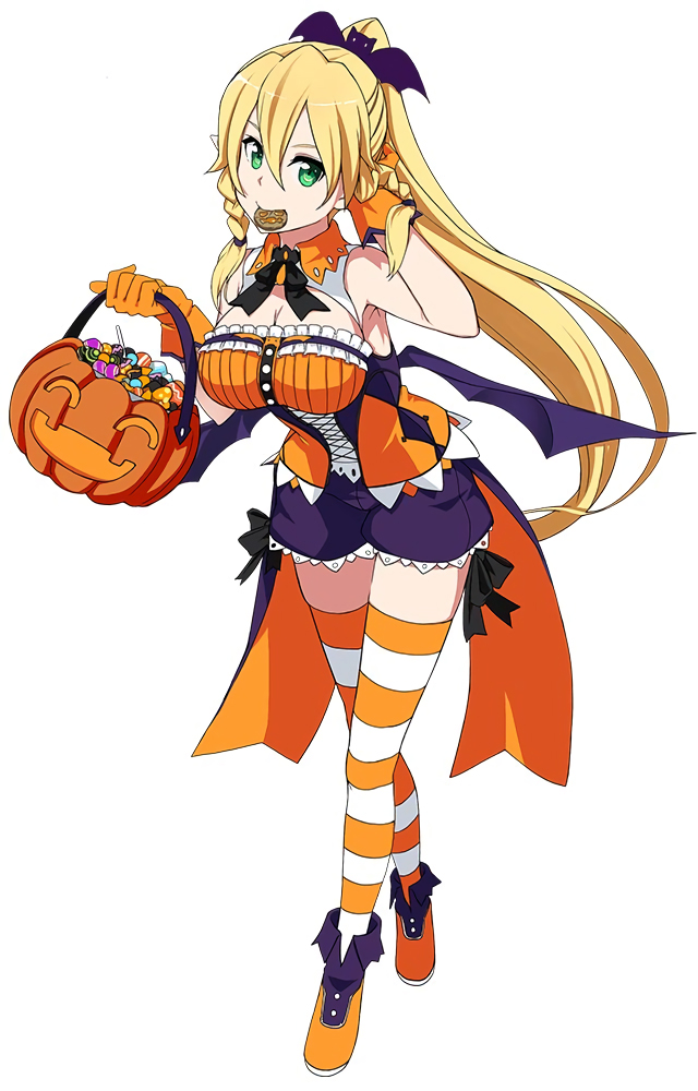 1girl bat_hair_ornament blonde_hair braid candy cookie food full_body gloves green_eyes hair_ornament halloween_costume hand_to_head high_ponytail holding_bucket jack-o'-lantern leafa long_hair mouth_hold pointy_ears shorts side_braid simple_background solo striped striped_legwear sword_art_online thigh-highs twin_braids white_background