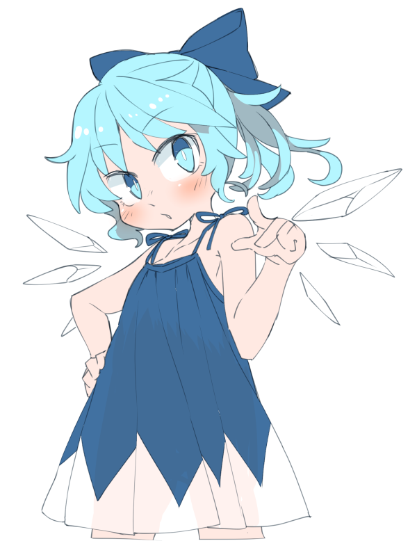 1girl blue_eyes blue_hair blush cirno hair_ribbon ice ice_wings ini ini_(inunabe00) looking_at_viewer ribbon solo touhou wings