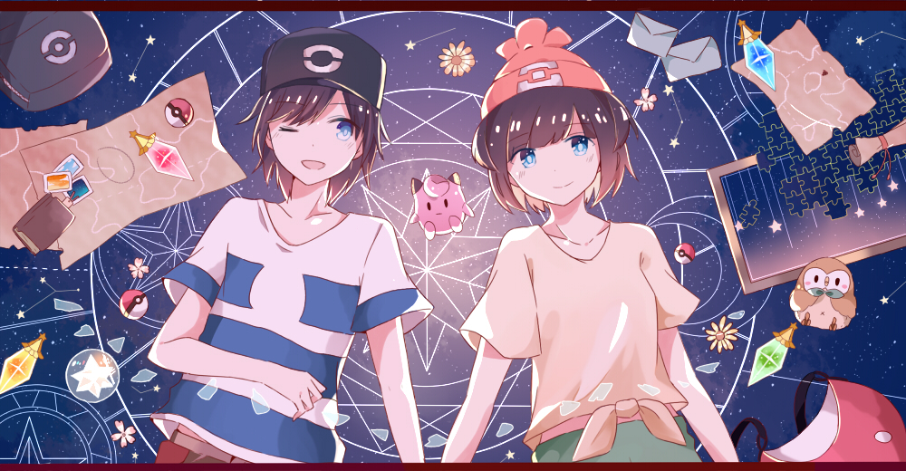 1boy 1girl :d backpack backpack_removed bag black_hat blue_eyes brown_hair clefairy flower hat jigsaw_puzzle looking_at_viewer mizuki_(pokemon_sm) open_mouth planetes_(ann1990702317) pokeball_symbol pokemon pokemon_(creature) pokemon_(game) pokemon_sm puzzle red_hat rowlet scroll shirt smile striped striped_shirt stuffed_toy t-shirt you_(pokemon_sm)