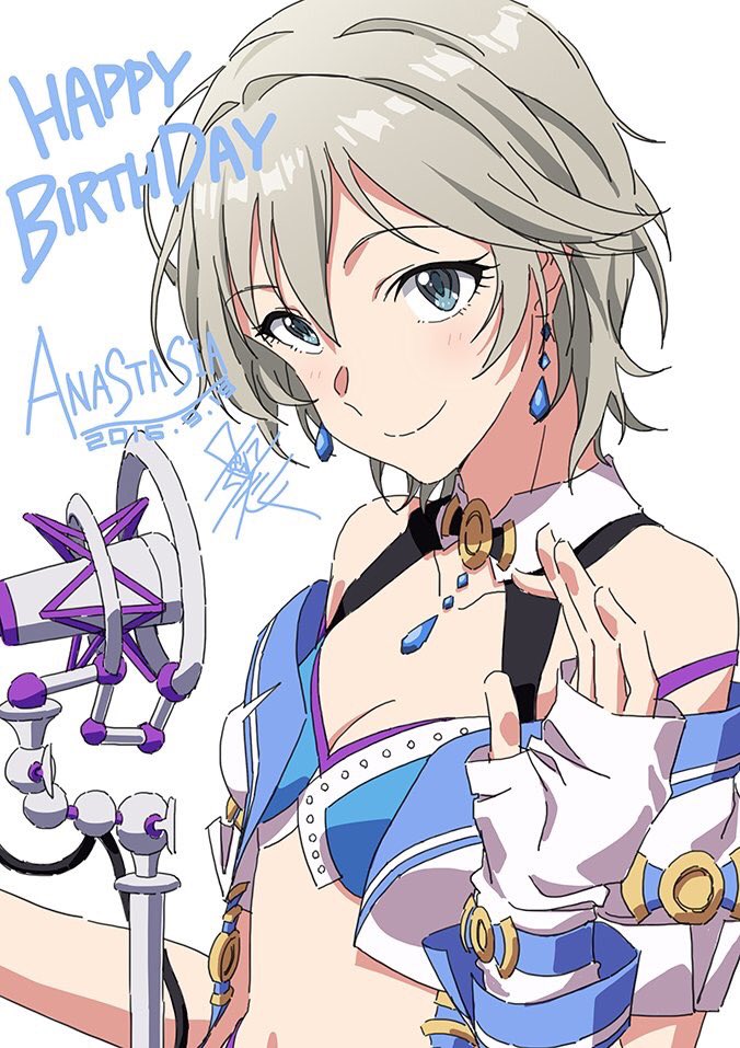 1girl anastasia_(idolmaster) blue_eyes breasts earrings fingerless_gloves gloves idolmaster idolmaster_cinderella_girls jewelry looking_at_viewer medium_breasts microphone_stand necklace off_shoulder short_hair signature silver_hair simple_background smile solo taku1122 waving white_background