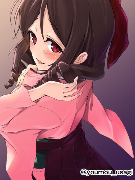 10s 1girl blush bow brown_hair cowboy_shot drill_hair from_above from_behind hair_bow hakama harukaze_(kantai_collection) japanese_clothes kantai_collection kimono long_hair meiji_schoolgirl_uniform pink_kimono red_bow red_eyes red_hakama solo twin_drills twitter_username youmou_usagi