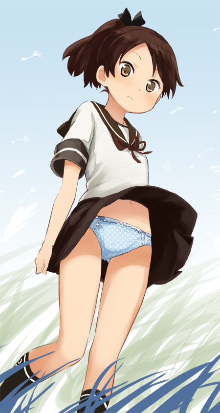 10s 1girl abe_kanari blue_panties brown_eyes brown_hair brown_sailor_collar brown_skirt cowboy_shot from_below hair_ribbon kantai_collection looking_at_viewer navel panties pantyshot pleated_skirt polka_dot polka_dot_panties ponytail ribbon school_uniform serafuku shikinami_(kantai_collection) short_hair skirt skirt_lift solo standing underwear upskirt wind wind_lift